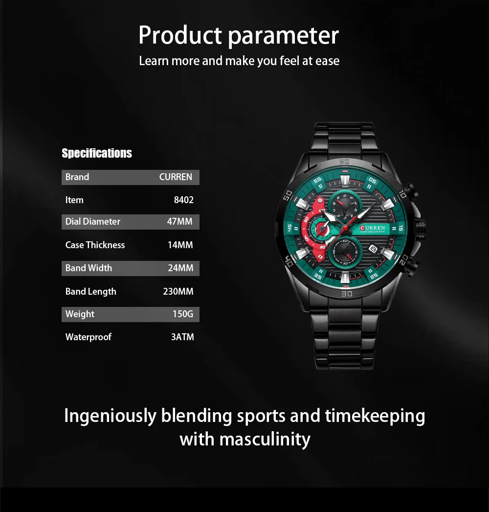 CURREN Fashion Sports Watches for Man Casual Stainless Steel Band Chonograph Wristwatches Luminous Male Clock