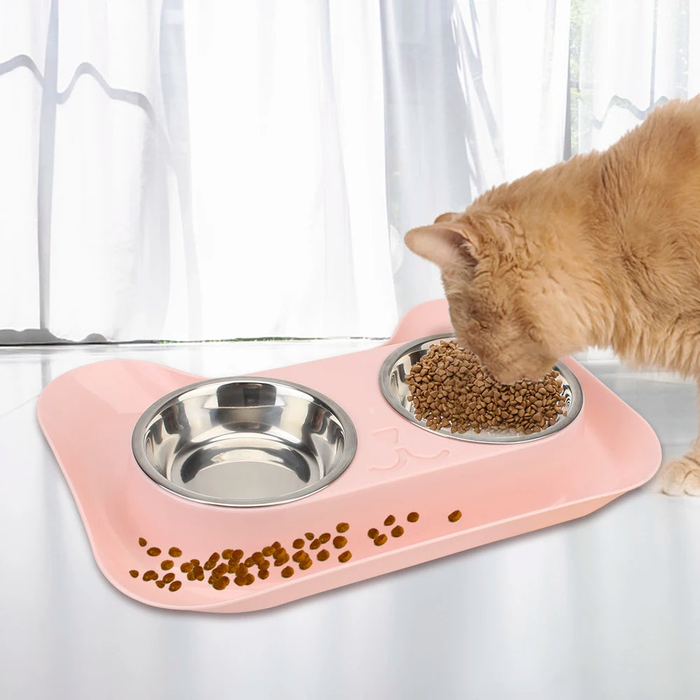 Cat Feeding No Spill Double Stainless Steel Dish Leakproof Dog Cat Food Container tray Portable Pet Drinking Bowl Food Feeder