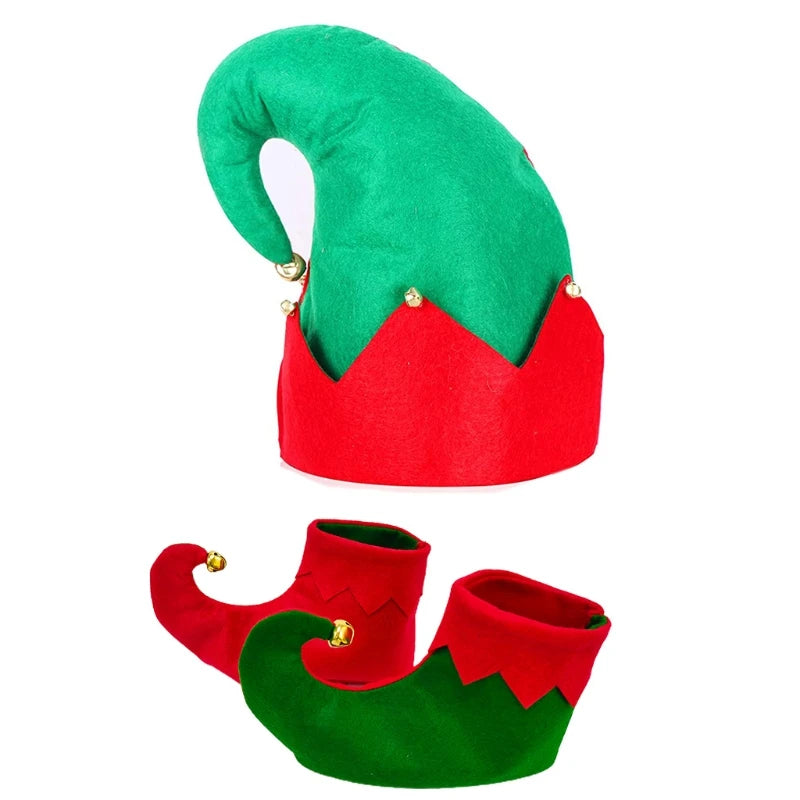 3 PCS Wide Appliaction Adult Kid Christmas Hats and Shoes Set Novelty Design Red Green Santa Elf Costume Accessory Drop Shipping