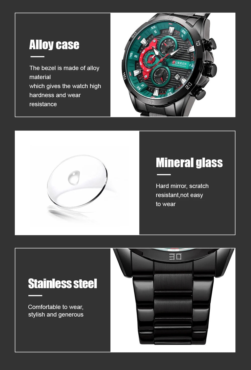 CURREN Fashion Sports Watches for Man Casual Stainless Steel Band Chonograph Wristwatches Luminous Male Clock