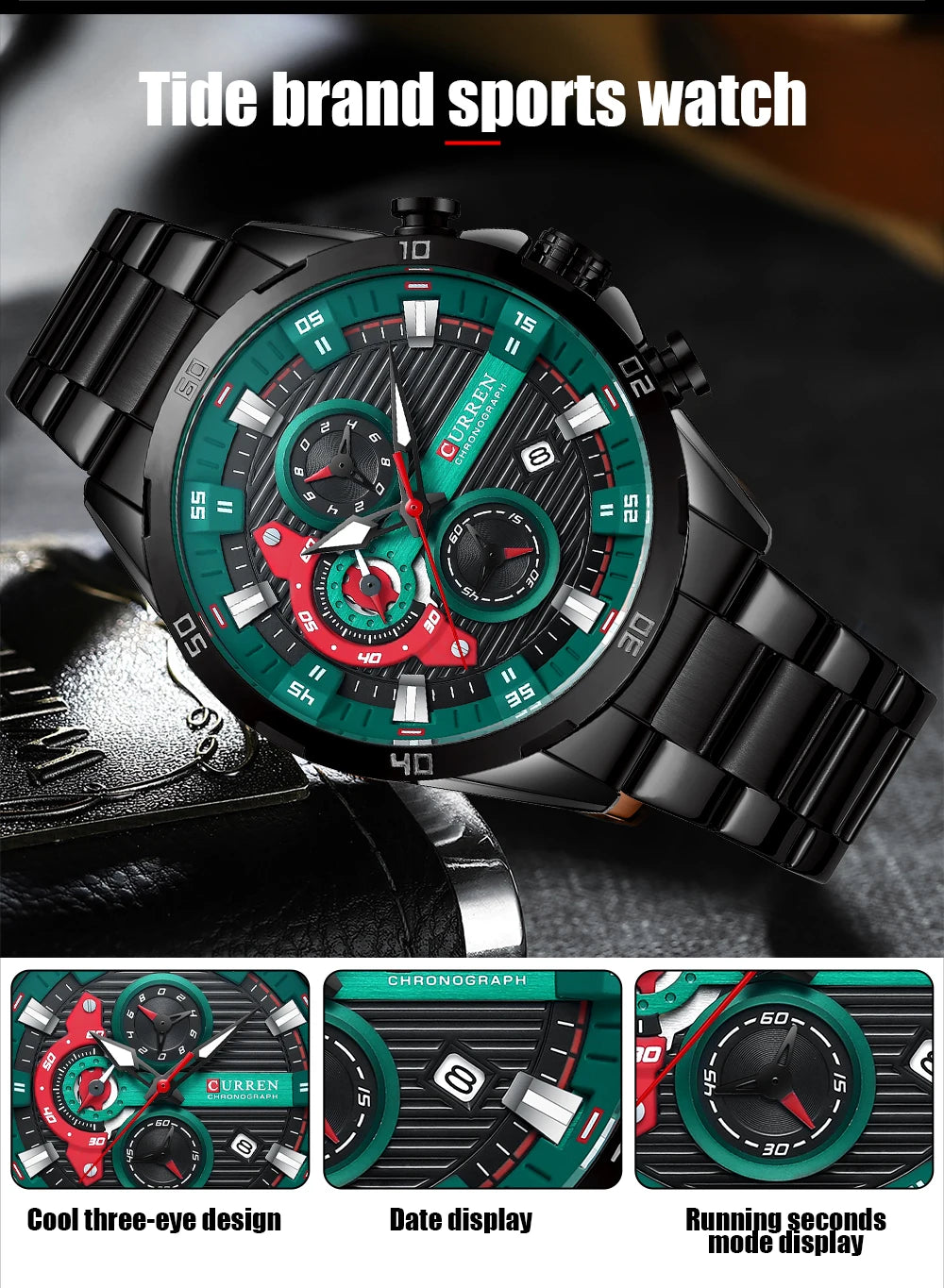 CURREN Fashion Sports Watches for Man Casual Stainless Steel Band Chonograph Wristwatches Luminous Male Clock