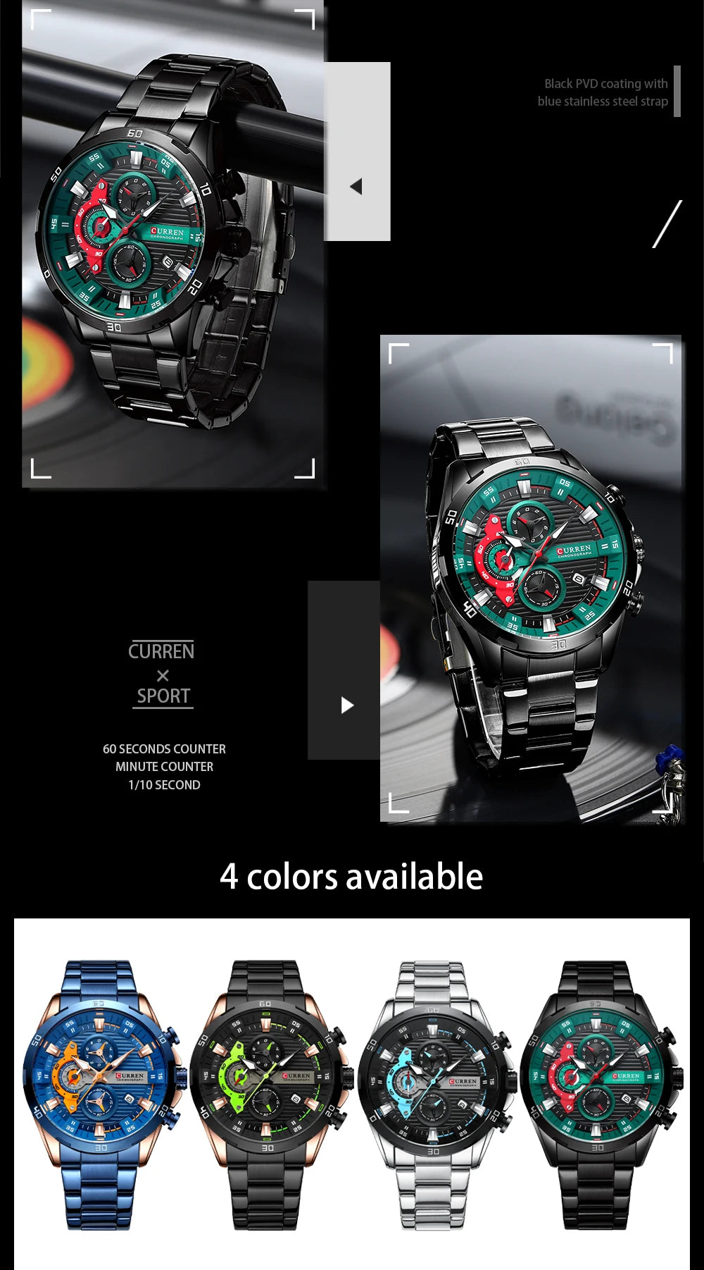 CURREN Fashion Sports Watches for Man Casual Stainless Steel Band Chonograph Wristwatches Luminous Male Clock