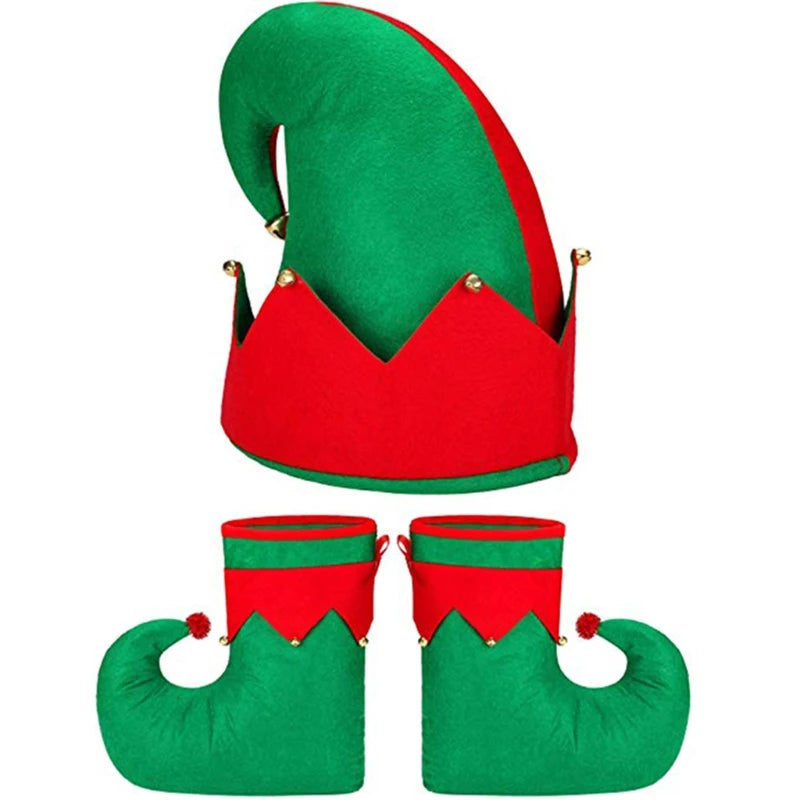 3 PCS Wide Appliaction Adult Kid Christmas Hats and Shoes Set Novelty Design Red Green Santa Elf Costume Accessory Drop Shipping