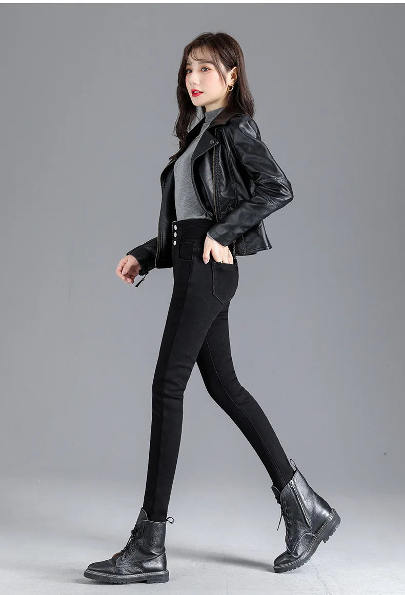 Thermal Winter Thick Fleece High-waist Warm Skinny Jeans Thick Women Stretch Button Pencil Pants Mom Casual Velvet Jeans