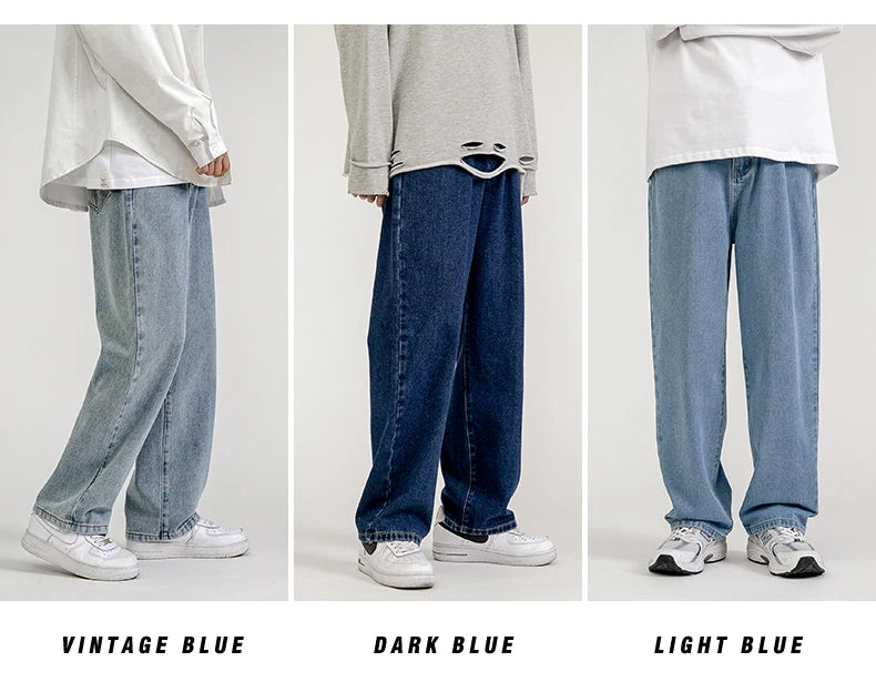 Korean Fashion Men's Baggy Jeans Classic All-match Solid Color Straight-leg Denim Wide-leg Pants Male Light Blue Grey Black