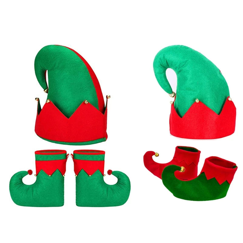 3 PCS Wide Appliaction Adult Kid Christmas Hats and Shoes Set Novelty Design Red Green Santa Elf Costume Accessory Drop Shipping