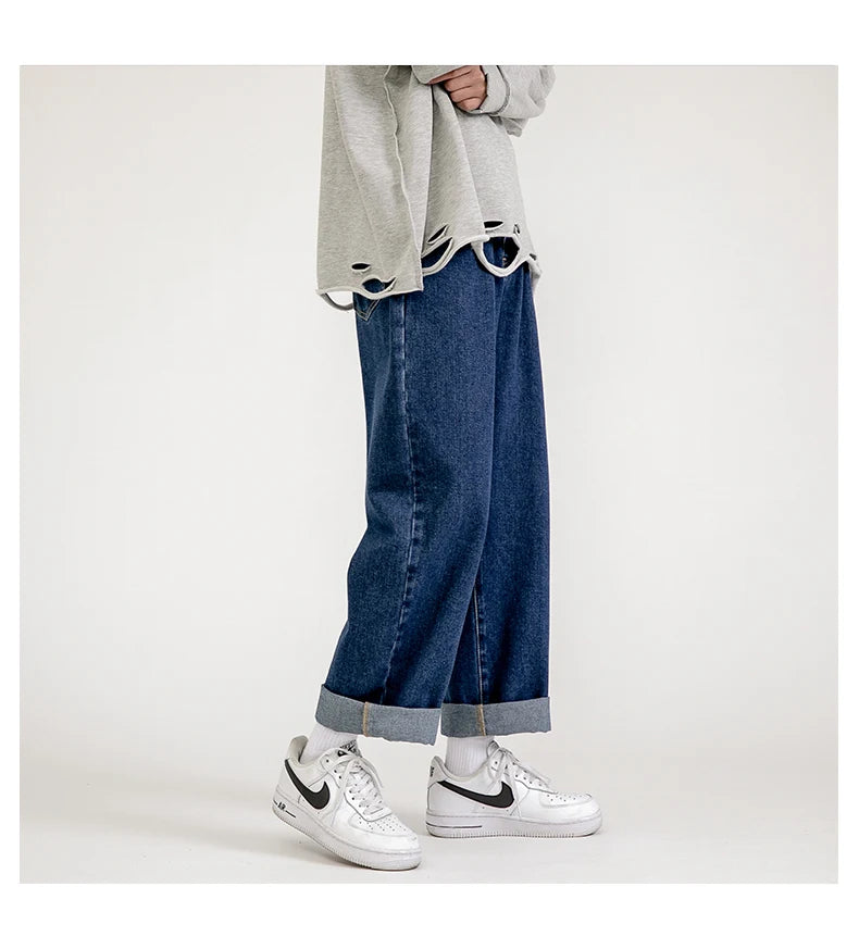 Korean Fashion Men's Baggy Jeans Classic All-match Solid Color Straight-leg Denim Wide-leg Pants Male Light Blue Grey Black