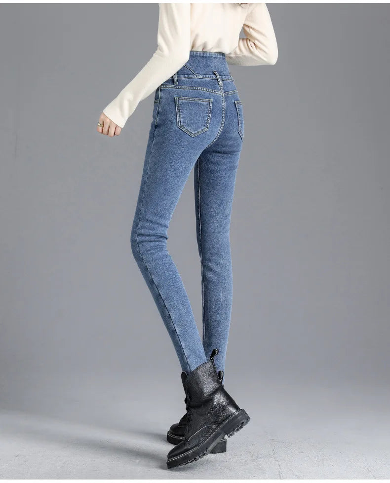 Thermal Winter Thick Fleece High-waist Warm Skinny Jeans Thick Women Stretch Button Pencil Pants Mom Casual Velvet Jeans