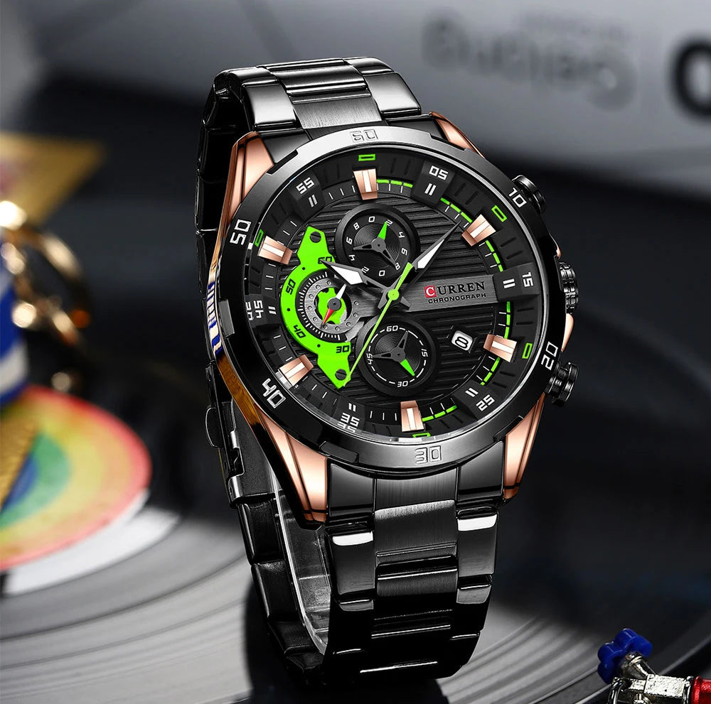 CURREN Fashion Sports Watches for Man Casual Stainless Steel Band Chonograph Wristwatches Luminous Male Clock