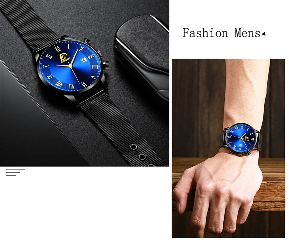 2024 Luxury Fashion Mens Minimalist Watches Luxury Stainless Steel Mesh Belt Quartz Watch Men Business Casual Clock reloj hombre