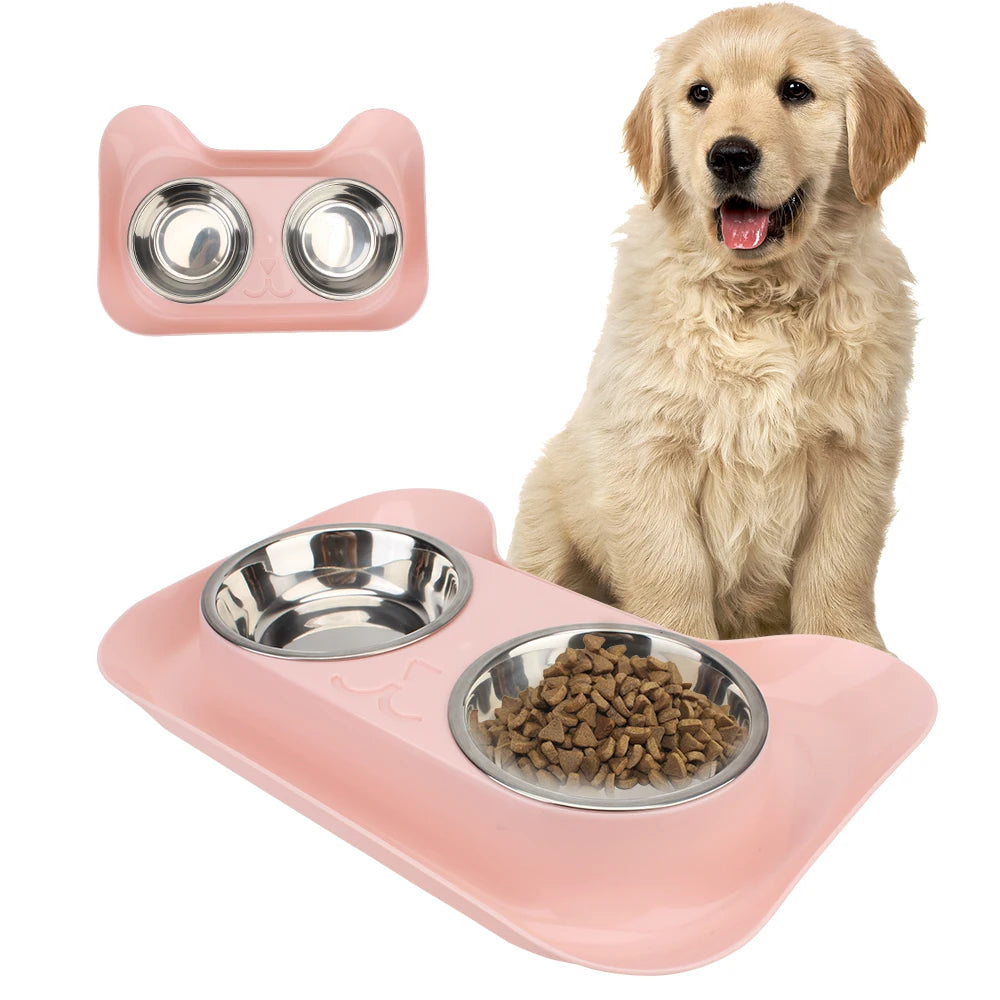 Cat Feeding No Spill Double Stainless Steel Dish Leakproof Dog Cat Food Container tray Portable Pet Drinking Bowl Food Feeder