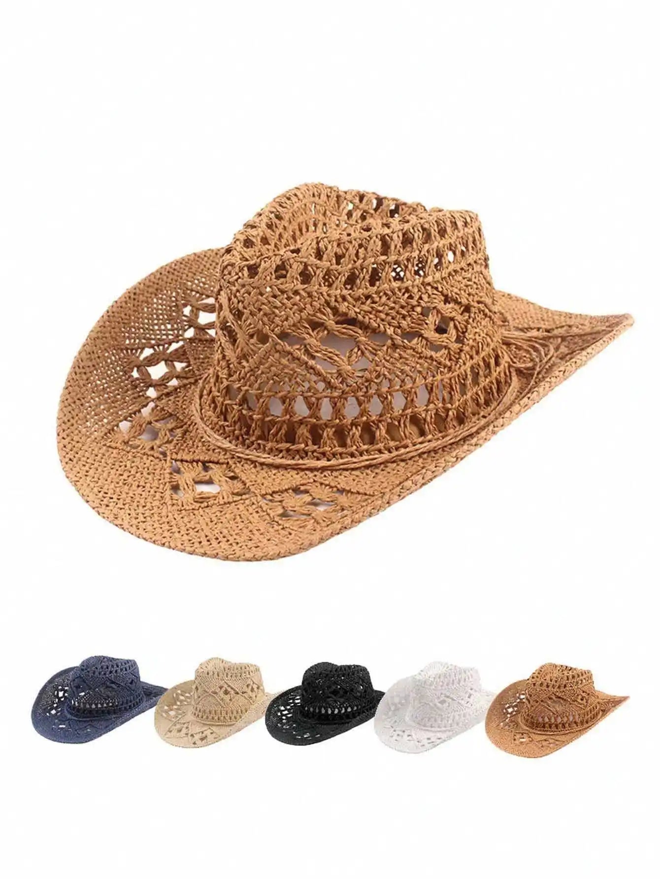 1pc Straw Cowboy Hat Women Men Western Cowboy Hats Wide Brim Hollow Breathable Unisex Sun Beach Hat