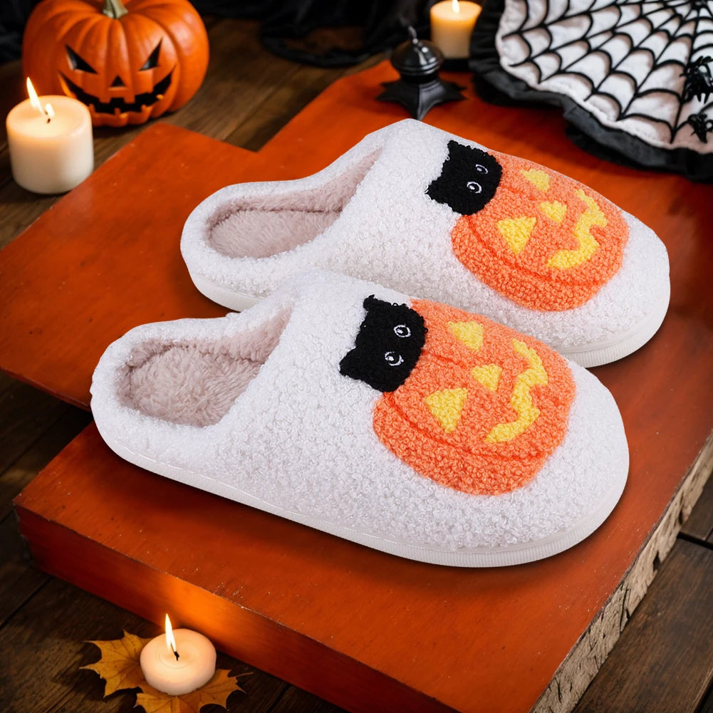 Men Women Slippers Cute Halloween Pumpkin Cat Casual Slippers for Winter Indoor Thermal Shoes Anti Slip Fluffy Footwear Slides