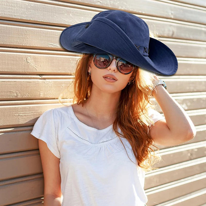 Stylish Women s Wide Brim Cowboy Hat with Adjustable String for Sun Protection and Beach Adventures - Fashionable Hat for Adults