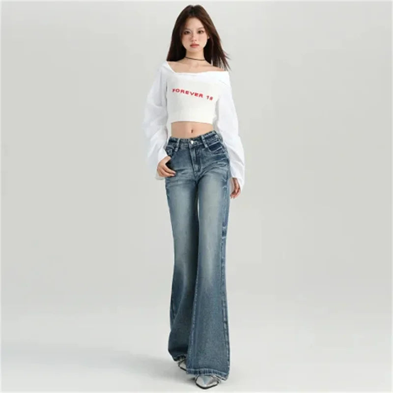 Spring/Svintage Ladies Flare Style Slim Women's Pants Mid-Waist Hip Lift Blue Jeans