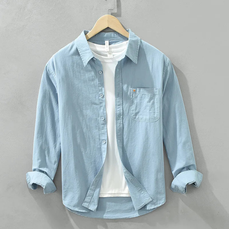 Spring Men's Casual Long-Sleeved Shirt, Versatile Japanese Style Simple Fashion Shirt, Youth Loose Trendy 100% Cotton Coat