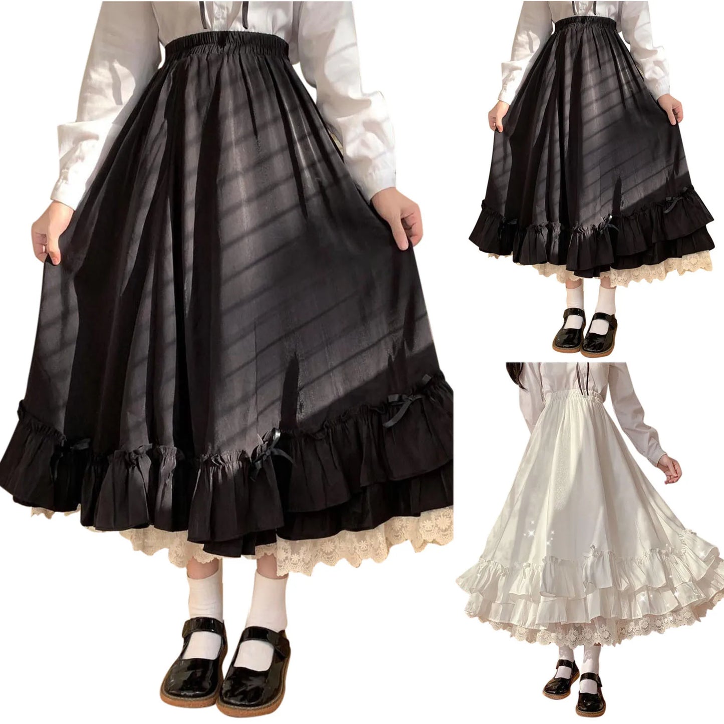 Sweet Heart Lolita Costumes Women's Ruffles Hem Bowknot Japanese Style A-Line Skirt Princess Layer High Waist Lace Skirt