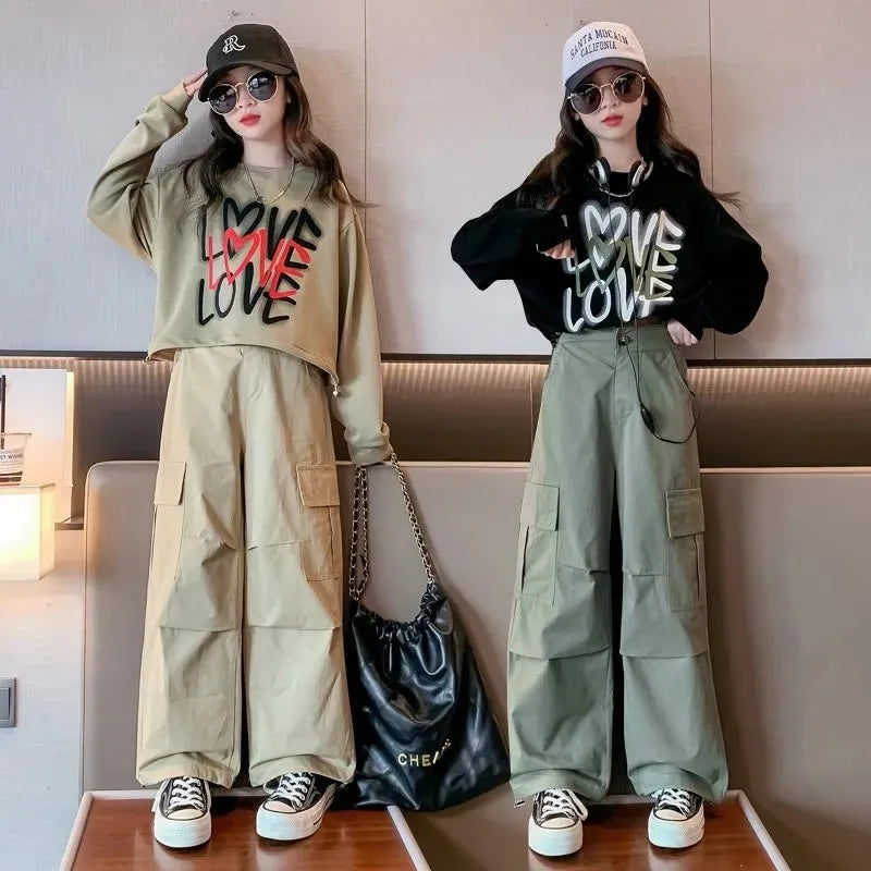 Kid Girls Sweater+Cargo Pants 2Pcs Suit Autumn Teen Clothing Set Fashion Letter Printing Outfits Spring New Tracksuit 3-14 Years