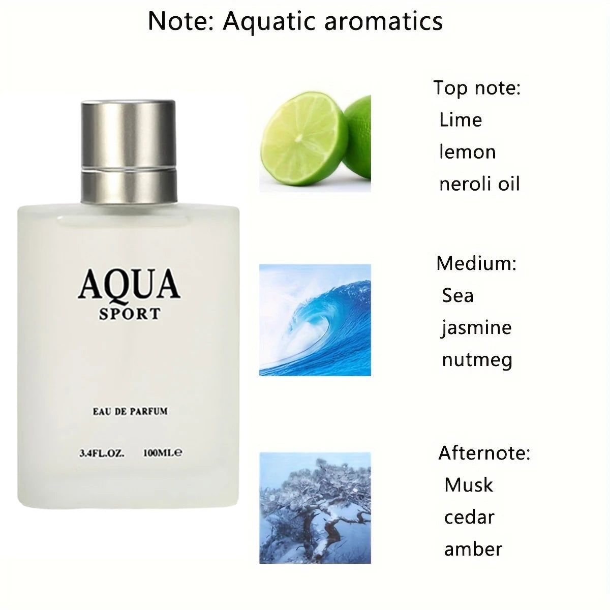 100ML 3.4FL.OZ AQUA Men's Eau de Parfum, Aquatic Aromatic Notes Perfume, Lime, Marine, Musk, Fresh Ocean Fragrance for Men