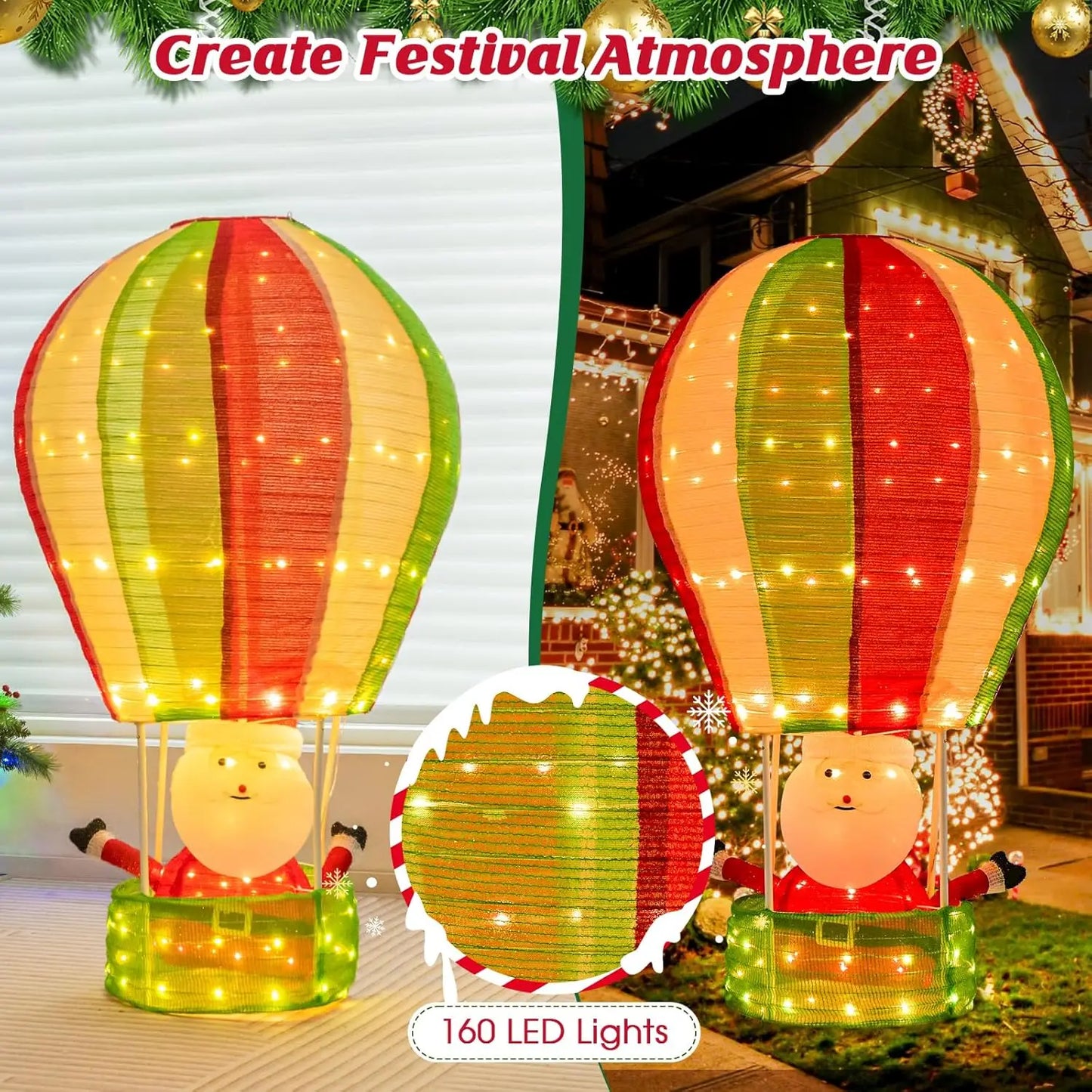 4.5FT Lighted Christmas Santa Claus in Hot Air Balloon, Collapsible Xmas Decoration with LED Lights, Pop up Hanging Decoration