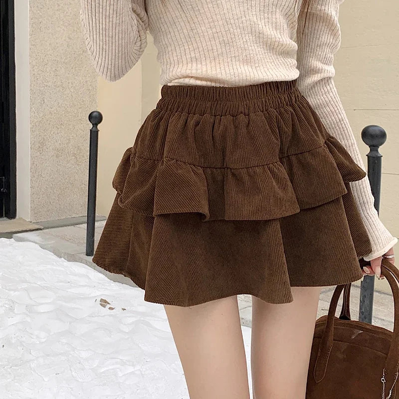 Autumn Winter, High-waisted, Solid Corduroy A-line Tutu Sweet and Versatile, Cake Skirt