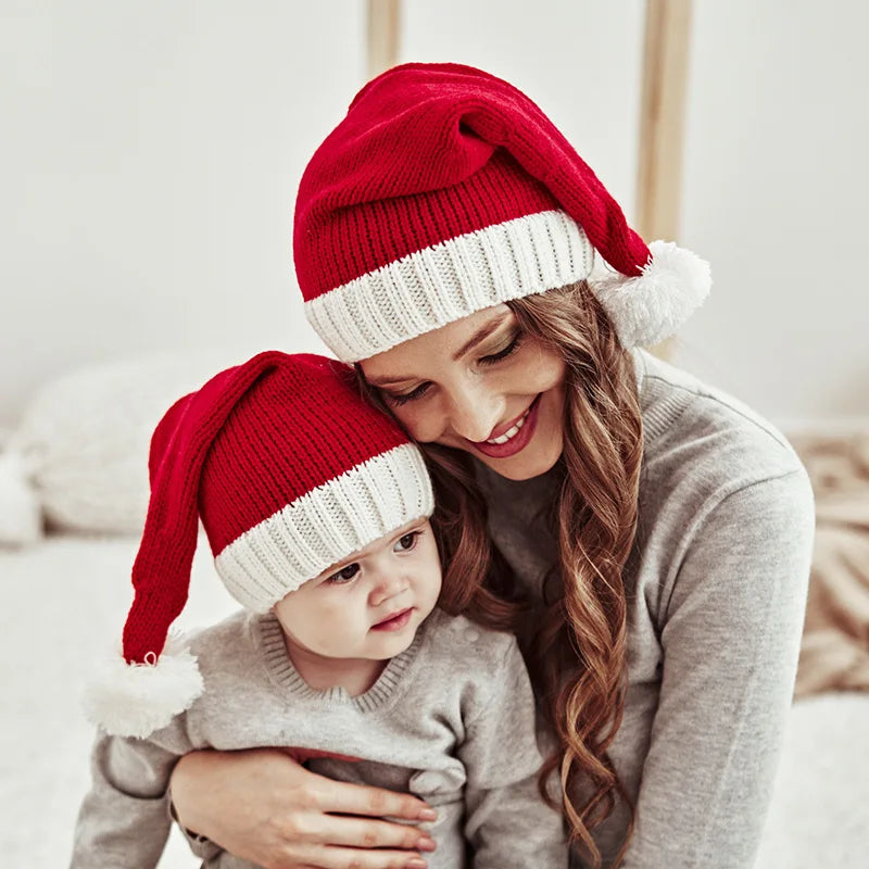 Parent-Child Christmas Hat Big Pompom Mother Kids Knit Beanie Cap Winter Warm Infant Bonnet Girls Boy Xmas Baby Accessories 1PC