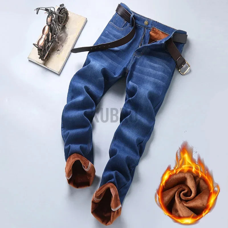 2024 Winter New Casual Men's Warm Fleece Jeans Classic Style Business Thicken Fur Regular Fit Denim Pants Brand Plush Trousers