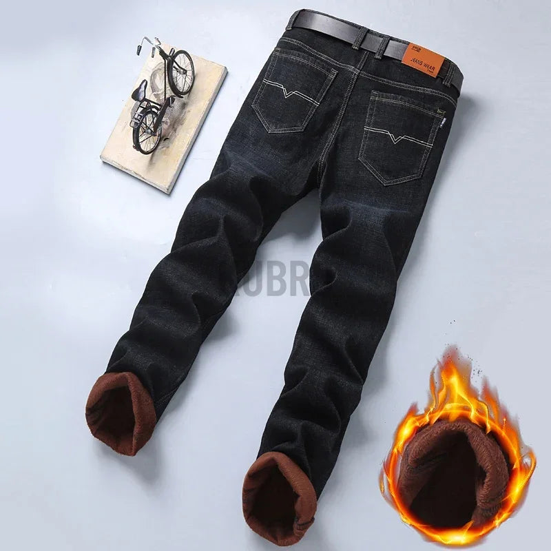 2024 Winter New Casual Men's Warm Fleece Jeans Classic Style Business Thicken Fur Regular Fit Denim Pants Brand Plush Trousers