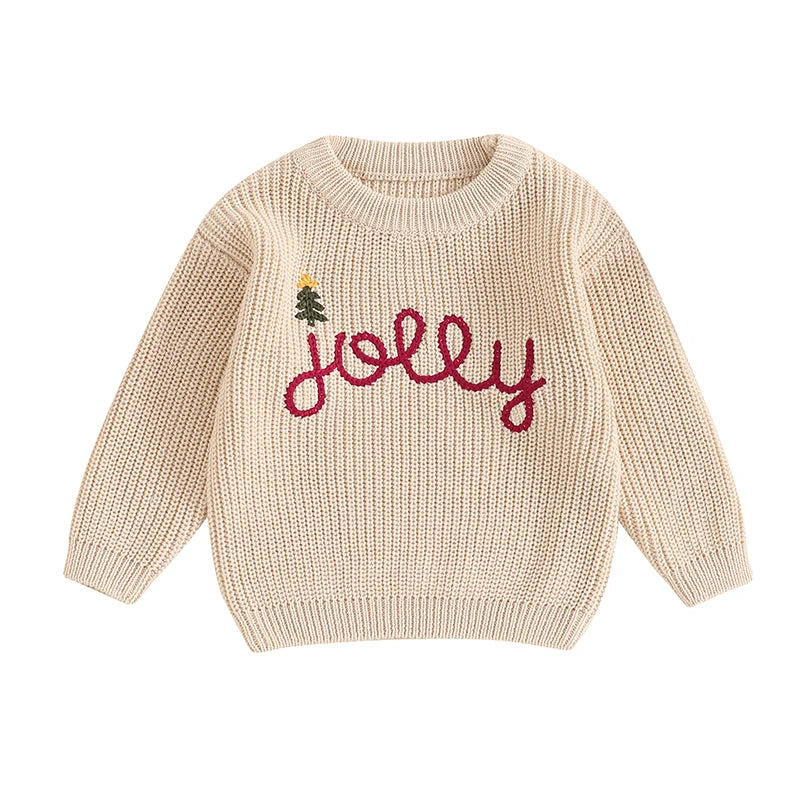 0-36months Baby Christmas Sweaters Lettering Embroidered Cozy Long Sleeve Ribbed Knit Pullover for Toddlers Boys And Girls