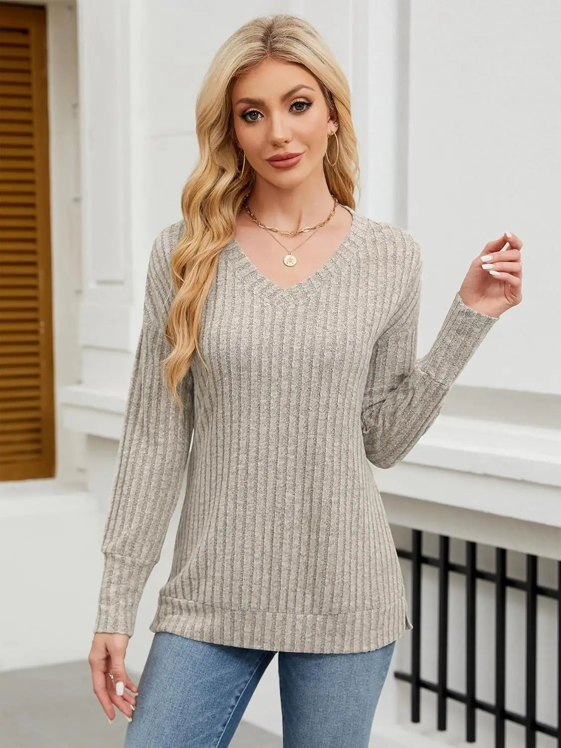 Womens V Neck Sweaters Lightweight Long Sleeve Tunic Tops Shirts Casual Sweatshirt Trendy