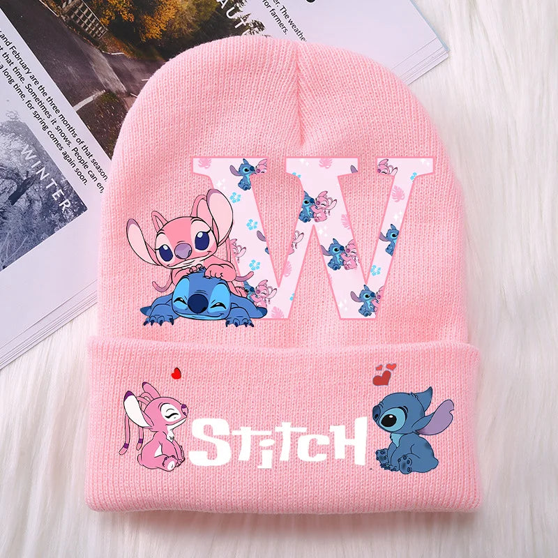 Stitch Angel Girls Knitted Caps Baby Hat Kawaii Cartoon Letter A-Z Printed Beanie Kids Winter Warm Accessories Christmas Gifts