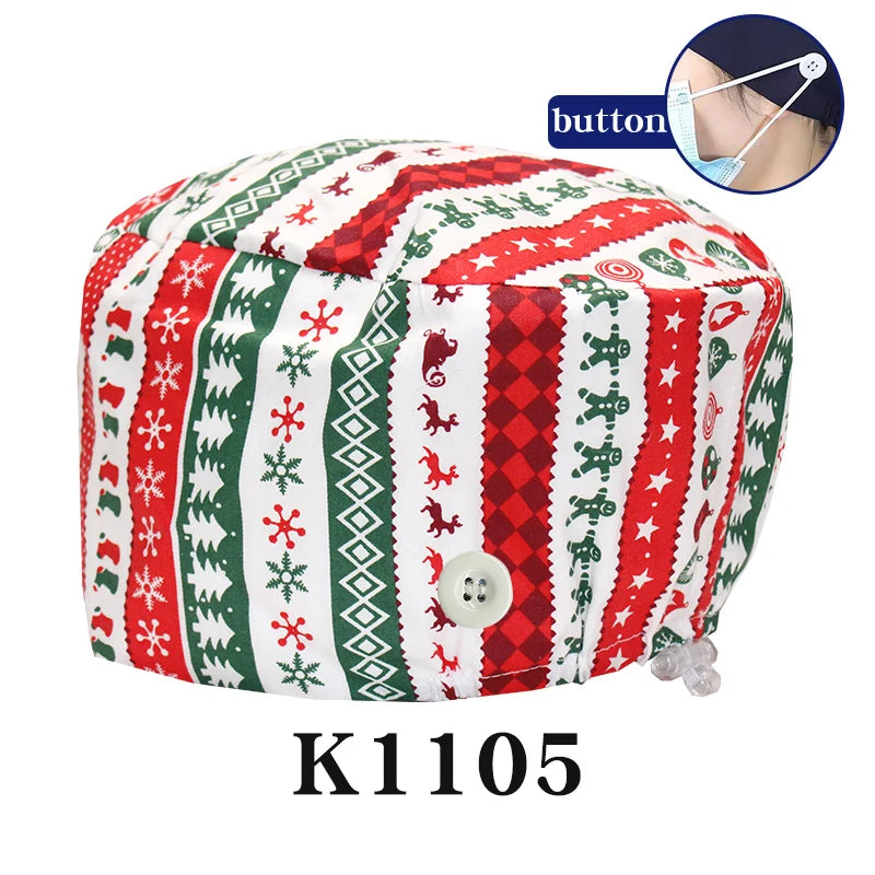 Santa Claus Print Surgical Caps Christmas Scrub Hats Dental Hospital Nurse Headwear Durable Medical Caps Soft Cotton K1093