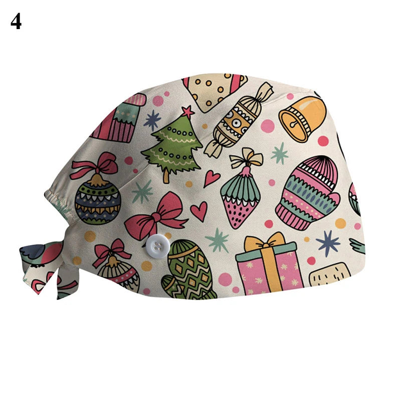 New Christmas Scrubs Caps Santa Claus Print Cap Pet Grooming Agency Work Scrubs Hat Beauty Work Hats Lab Nursing Cap