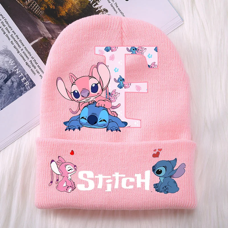 Stitch Angel Girls Knitted Caps Baby Hat Kawaii Cartoon Letter A-Z Printed Beanie Kids Winter Warm Accessories Christmas Gifts