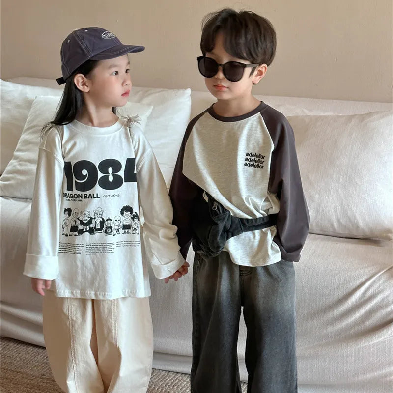 2024 Spring Boys and girls cartoon Letters cotton T shirts Kids O-Neck loose long sleeve Tops