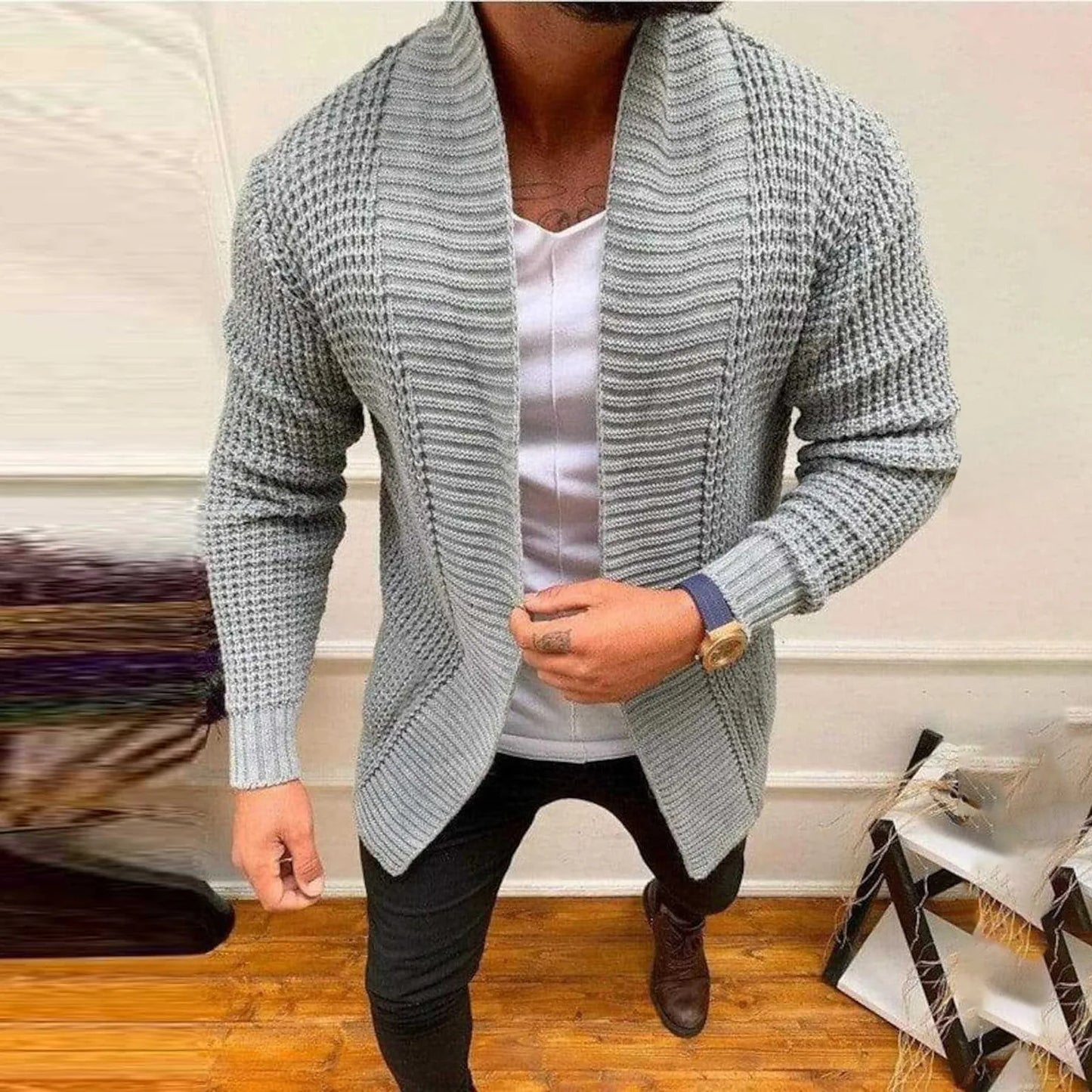 Autumn Winter Sweater Outerwear Men's Beige Knitted Cardigans Jacket Fashion Casual Long Sleeved Sweater Mens Mid Length Jacket