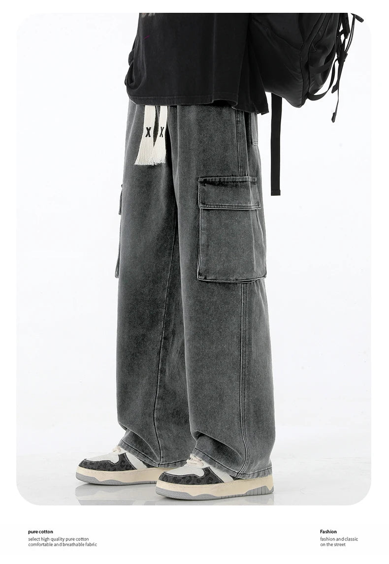 Autumn New Men Cargo Jeans Baggy American High Street Y2K Multi-pocket Youth Overalls Fashion Streetwear Vintage Wide Leg Pants