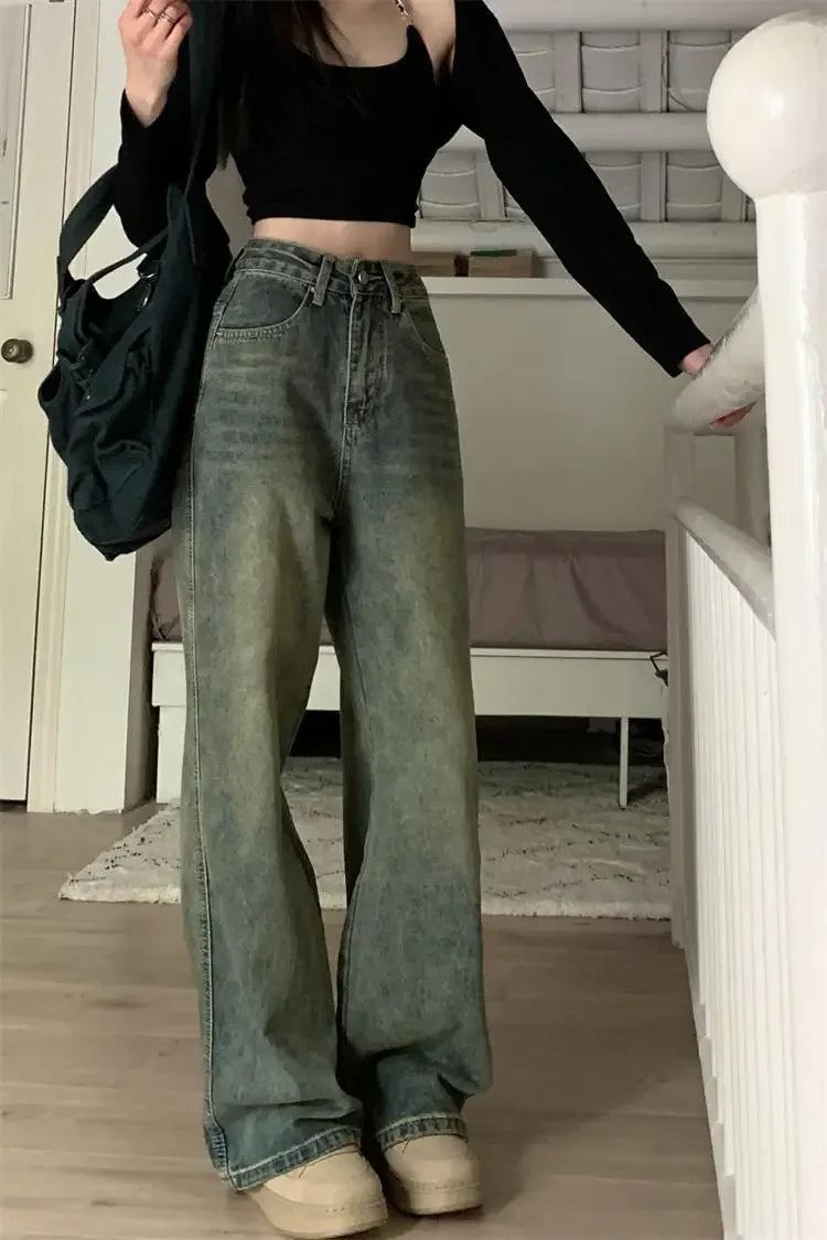 Vintage High-waisted Slimming Jeans American Style Casual Bell Bottoms Versatile Straight-leg Long Pants For Women