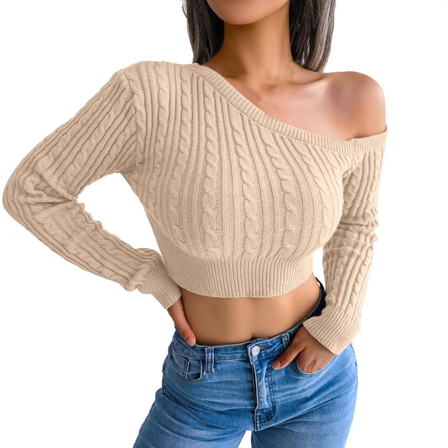 Women's Loose Knit Crop Sweater Skew Neck One Shoulder Solid Color Long Sleeve Elegant Short Pullover Tops Sueteres Para Mujeres