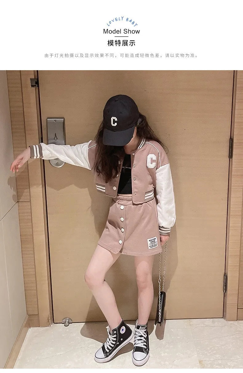 Baseball Coats+Slim Skirt 2Pcs Clothing Sets Spring Autumn Teen Girls Fashion Sports Outfits Kids Letter Print Tracksuit 3-14 Y