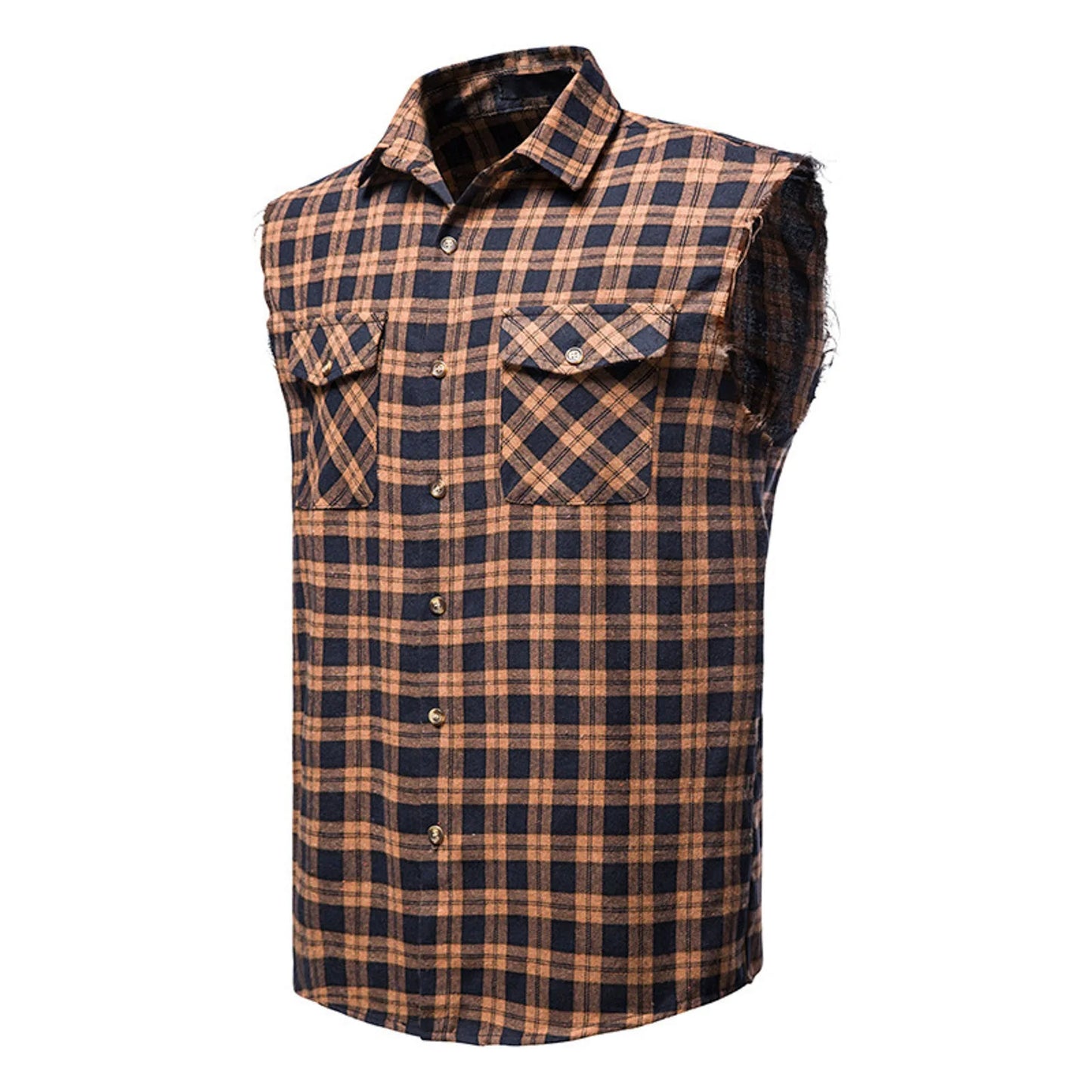 Men's Casual Flannel Plaid Shirt Sleeveless Double Pocket Cowboy Button Down Shirts Men Cotton Plus Size Vest Checkered Top 2XL