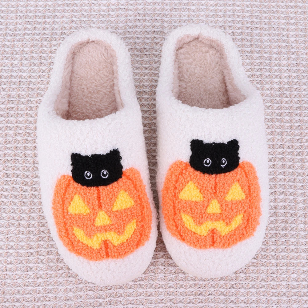 Men Women Slippers Cute Halloween Pumpkin Cat Casual Slippers for Winter Indoor Thermal Shoes Anti Slip Fluffy Footwear Slides