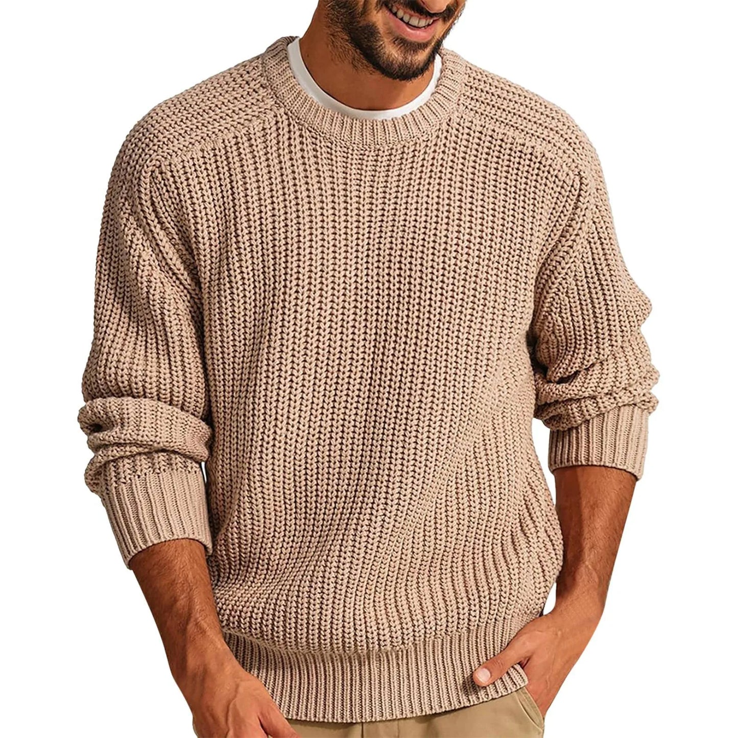 Autumn Winter Casual Brushed Knitted Sweater Men Round Neck Long Sleeve Base Shirt Tops Solid Color Loose Plain Sweaters