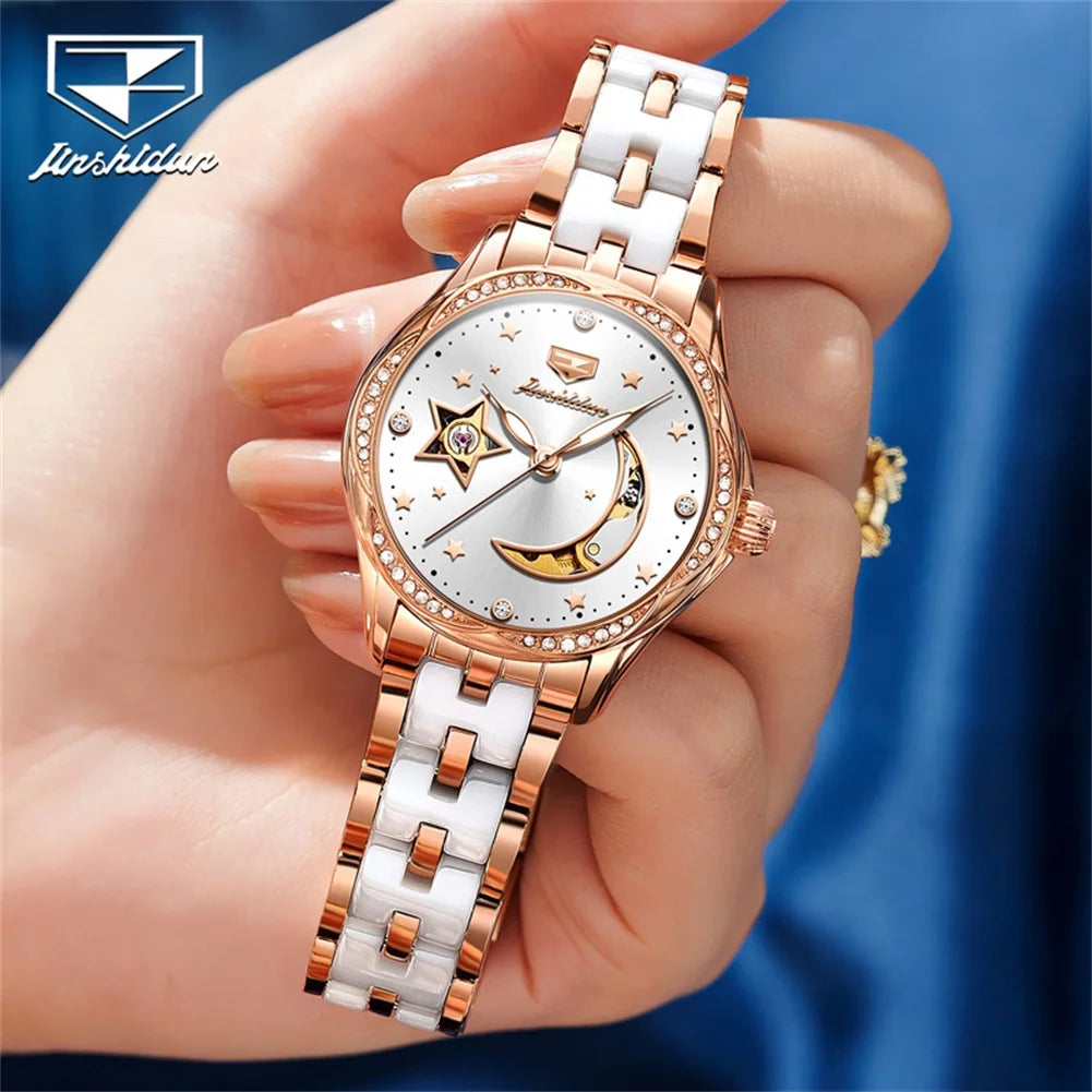 JSDUN Top Brand Fashion Elegant Women Watches Waterproof Automatic Mechanical Watch Ceramic Tape Luminous Luxury Original Watch