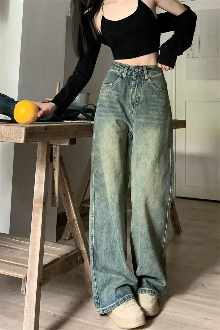 Vintage High-waisted Slimming Jeans American Style Casual Bell Bottoms Versatile Straight-leg Long Pants For Women