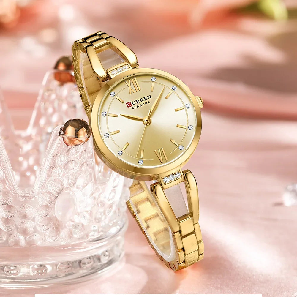 CURREN Luxury Elegance Ladies Watch with Sparkling Rhinestones Simple Quartz Stainless Steel Bracelet Wristwatch