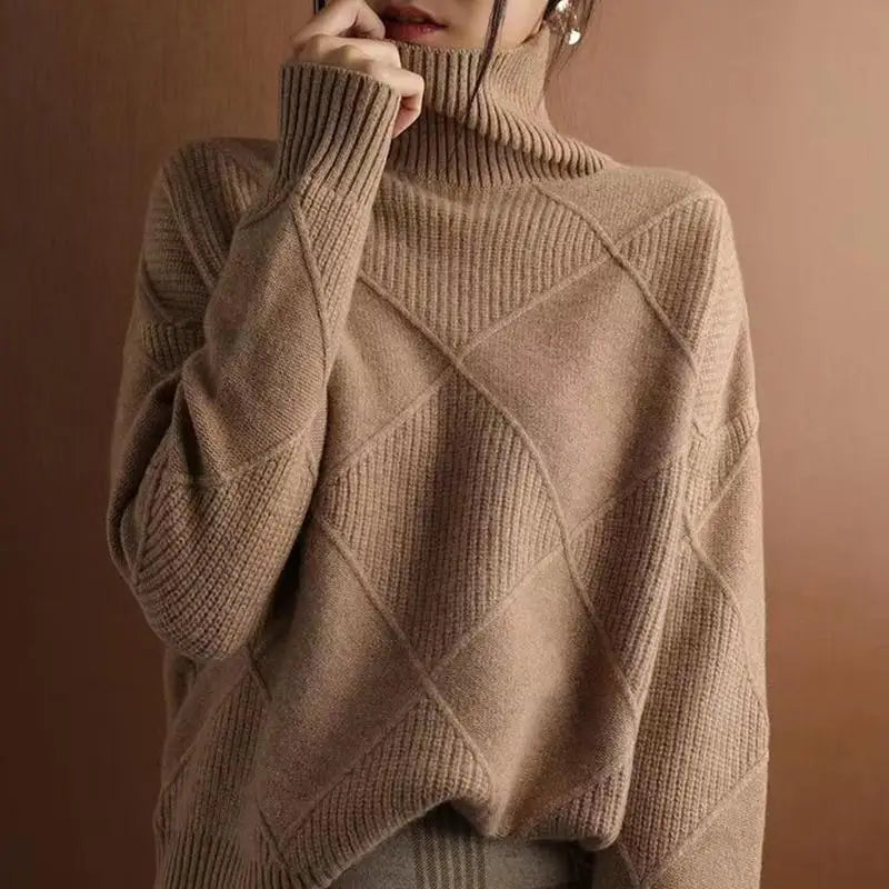 Turtleneck Sweater Long-Sleeve High Neck Sweater Loose Solid Color Knit Pullover Tops For Women Autumn Winter