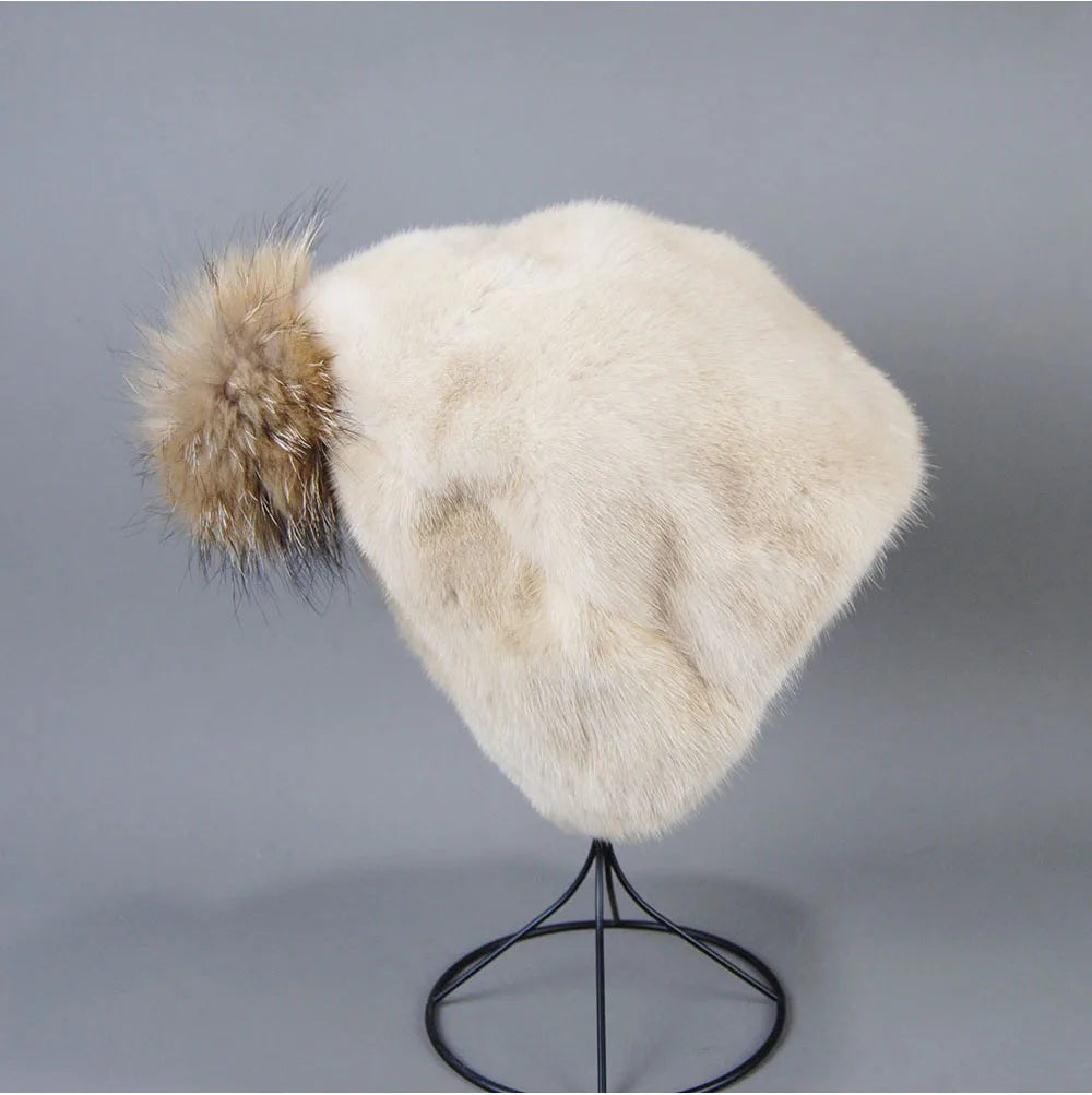 2023 Winter Real Natural Mink Fur Fox Hat for Women Thicken Warm Casual Pom New High Quality Girl Bobble  Christmas Knitted Cap