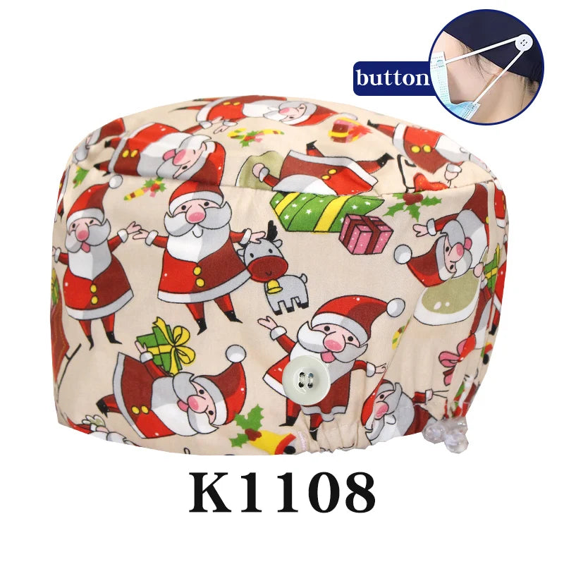 Santa Claus Print Surgical Caps Christmas Scrub Hats Dental Hospital Nurse Headwear Durable Medical Caps Soft Cotton K1093