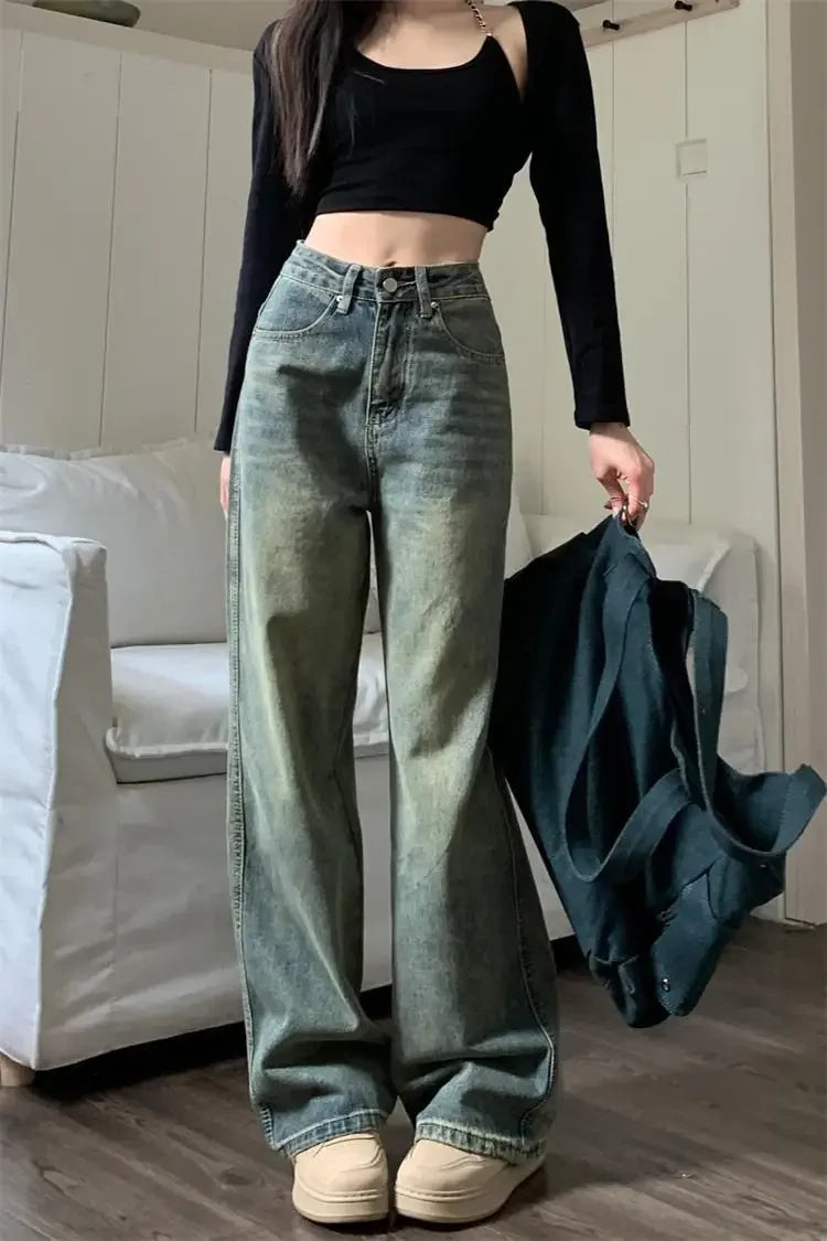 Vintage High-waisted Slimming Jeans American Style Casual Bell Bottoms Versatile Straight-leg Long Pants For Women